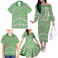 Green Aloha Hawaii Shell Lei Family Matching Off The Shoulder Long Sleeve Dress and Hawaiian Shirt Palaka Hebrew Cone Honey Cowrie Elegant Curves LT14 - Polynesian Pride