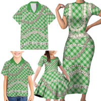 Green Aloha Hawaii Shell Lei Family Matching Short Sleeve Bodycon Dress and Hawaiian Shirt Palaka Hebrew Cone Honey Cowrie Elegant Curves LT14 - Polynesian Pride