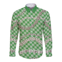 Green Aloha Hawaii Shell Lei Long Sleeve Button Shirt Palaka Hebrew Cone Honey Cowrie Elegant Curves - Polynesian Pride