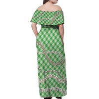Green Aloha Hawaii Shell Lei Off Shoulder Maxi Dress Palaka Hebrew Cone Honey Cowrie Elegant Curves - Polynesian Pride