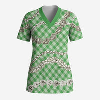 Green Aloha Hawaii Shell Lei Scrub Top Palaka Hebrew Cone Honey Cowrie Elegant Curves - Polynesian Pride