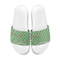 Green Aloha Hawaii Shell Lei Slide Sandals Palaka Hebrew Cone Honey Cowrie Elegant Curves - Polynesian Pride