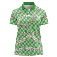 Green Aloha Hawaii Shell Lei Women Polo Shirt Palaka Hebrew Cone Honey Cowrie Elegant Curves - Polynesian Pride