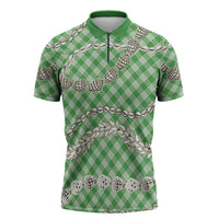 Green Aloha Hawaii Shell Lei Zipper Polo Shirt Palaka Hebrew Cone Honey Cowrie Elegant Curves - Polynesian Pride