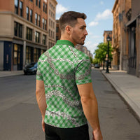 Green Aloha Hawaii Shell Lei Zipper Polo Shirt Palaka Hebrew Cone Honey Cowrie Elegant Curves - Polynesian Pride