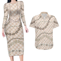 Beige Aloha Hawaii Shell Lei Couples Matching Long Sleeve Bodycon Dress and Hawaiian Shirt Palaka Hebrew Cone Honey Cowrie Elegant Curves LT14 Beige - Polynesian Pride
