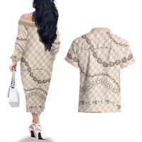 Beige Aloha Hawaii Shell Lei Couples Matching Off The Shoulder Long Sleeve Dress and Hawaiian Shirt Palaka Hebrew Cone Honey Cowrie Elegant Curves LT14 - Polynesian Pride