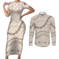 Beige Aloha Hawaii Shell Lei Couples Matching Short Sleeve Bodycon Dress and Long Sleeve Button Shirt Palaka Hebrew Cone Honey Cowrie Elegant Curves - Polynesian Pride