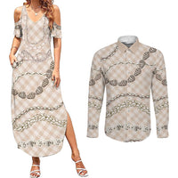 Beige Aloha Hawaii Shell Lei Couples Matching Summer Maxi Dress and Long Sleeve Button Shirt Palaka Hebrew Cone Honey Cowrie Elegant Curves - Polynesian Pride
