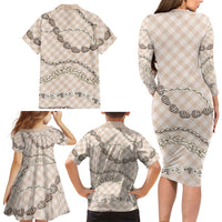Beige Aloha Hawaii Shell Lei Family Matching Long Sleeve Bodycon Dress and Hawaiian Shirt Palaka Hebrew Cone Honey Cowrie Elegant Curves LT14 - Polynesian Pride