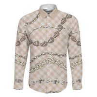 Beige Aloha Hawaii Shell Lei Family Matching Off The Shoulder Long Sleeve Dress and Hawaiian Shirt Palaka Hebrew Cone Honey Cowrie Elegant Curves LT14 Dad's Shirt - Long Sleeve Beige - Polynesian Pride