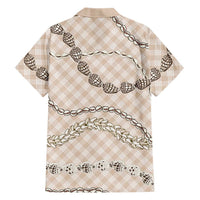 Beige Aloha Hawaii Shell Lei Family Matching Off Shoulder Short Dress and Hawaiian Shirt Palaka Hebrew Cone Honey Cowrie Elegant Curves LT14 - Polynesian Pride