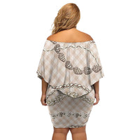 Beige Aloha Hawaii Shell Lei Family Matching Off Shoulder Short Dress and Hawaiian Shirt Palaka Hebrew Cone Honey Cowrie Elegant Curves LT14 - Polynesian Pride