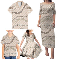 Beige Aloha Hawaii Shell Lei Family Matching Puletasi and Hawaiian Shirt Palaka Hebrew Cone Honey Cowrie Elegant Curves LT14 - Polynesian Pride