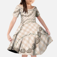 Beige Aloha Hawaii Shell Lei Kid Short Sleeve Dress Palaka Hebrew Cone Honey Cowrie Elegant Curves - Polynesian Pride