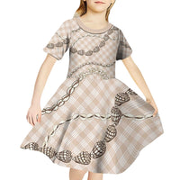 Beige Aloha Hawaii Shell Lei Kid Short Sleeve Dress Palaka Hebrew Cone Honey Cowrie Elegant Curves - Polynesian Pride