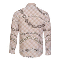 Beige Aloha Hawaii Shell Lei Long Sleeve Button Shirt Palaka Hebrew Cone Honey Cowrie Elegant Curves - Polynesian Pride