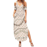 Beige Aloha Hawaii Shell Lei Summer Maxi Dress Palaka Hebrew Cone Honey Cowrie Elegant Curves - Polynesian Pride