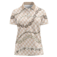 Beige Aloha Hawaii Shell Lei Women Polo Shirt Palaka Hebrew Cone Honey Cowrie Elegant Curves - Polynesian Pride