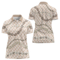 Beige Aloha Hawaii Shell Lei Women Polo Shirt Palaka Hebrew Cone Honey Cowrie Elegant Curves - Polynesian Pride