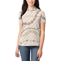 Beige Aloha Hawaii Shell Lei Women Polo Shirt Palaka Hebrew Cone Honey Cowrie Elegant Curves - Polynesian Pride