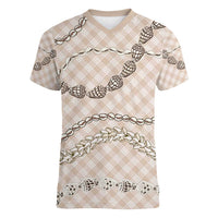 Beige Aloha Hawaii Shell Lei Women V-Neck T-Shirt Palaka Hebrew Cone Honey Cowrie Elegant Curves - Polynesian Pride