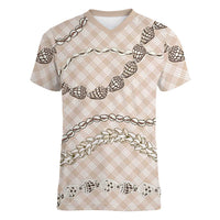 Beige Aloha Hawaii Shell Lei Women V-Neck T-Shirt Palaka Hebrew Cone Honey Cowrie Elegant Curves - Polynesian Pride