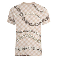Beige Aloha Hawaii Shell Lei Women V-Neck T-Shirt Palaka Hebrew Cone Honey Cowrie Elegant Curves - Polynesian Pride