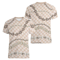 Beige Aloha Hawaii Shell Lei Women V-Neck T-Shirt Palaka Hebrew Cone Honey Cowrie Elegant Curves - Polynesian Pride