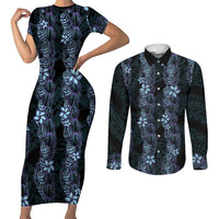 Purple Paradise Hawaii Shell Lei Couples Matching Short Sleeve Bodycon Dress and Long Sleeve Button Shirt Hawaiian Sunrise Shell Hebrew Cone Plumeria - Polynesian Pride
