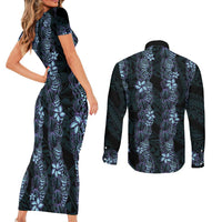 Purple Paradise Hawaii Shell Lei Couples Matching Short Sleeve Bodycon Dress and Long Sleeve Button Shirt Hawaiian Sunrise Shell Hebrew Cone Plumeria - Polynesian Pride