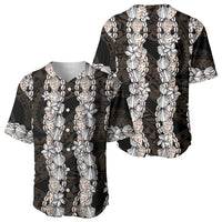 Black and Beige Hawaii Shell Lei Baseball Jersey Hawaiian Sunrise Shell Hebrew Cone Plumeria - Polynesian Pride