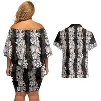 Black and Beige Hawaii Shell Lei Couples Matching Off Shoulder Short Dress and Hawaiian Shirt Hawaiian Sunrise Shell Hebrew Cone Plumeria - Polynesian Pride
