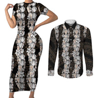 Black and Beige Hawaii Shell Lei Couples Matching Short Sleeve Bodycon Dress and Long Sleeve Button Shirt Hawaiian Sunrise Shell Hebrew Cone Plumeria - Polynesian Pride