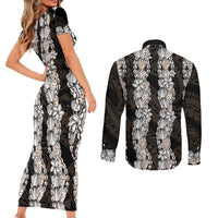 Black and Beige Hawaii Shell Lei Couples Matching Short Sleeve Bodycon Dress and Long Sleeve Button Shirt Hawaiian Sunrise Shell Hebrew Cone Plumeria - Polynesian Pride