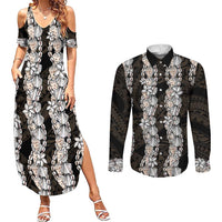 Black and Beige Hawaii Shell Lei Couples Matching Summer Maxi Dress and Long Sleeve Button Shirt Hawaiian Sunrise Shell Hebrew Cone Plumeria - Polynesian Pride