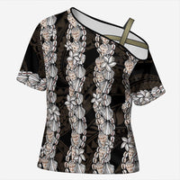 Black and Beige Hawaii Shell Lei Cross Shoulder Shirt Hawaiian Sunrise Shell Hebrew Cone Plumeria - Polynesian Pride