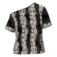 Black and Beige Hawaii Shell Lei Cross Shoulder Shirt Hawaiian Sunrise Shell Hebrew Cone Plumeria - Polynesian Pride