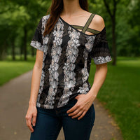 Black and Beige Hawaii Shell Lei Cross Shoulder Shirt Hawaiian Sunrise Shell Hebrew Cone Plumeria - Polynesian Pride