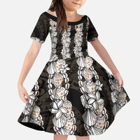 Black and Beige Hawaii Shell Lei Kid Short Sleeve Dress Hawaiian Sunrise Shell Hebrew Cone Plumeria - Polynesian Pride