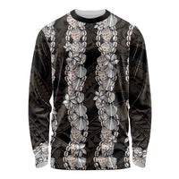 Black and Beige Hawaii Shell Lei Long Sleeve Shirt Hawaiian Sunrise Shell Hebrew Cone Plumeria - Polynesian Pride