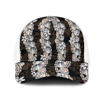Black and Beige Hawaii Shell Lei Mesh Trucker Cap Hawaiian Sunrise Shell Hebrew Cone Plumeria - Polynesian Pride