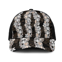 Black and Beige Hawaii Shell Lei Mesh Trucker Cap Hawaiian Sunrise Shell Hebrew Cone Plumeria - Polynesian Pride