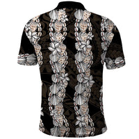Black and Beige Hawaii Shell Lei Polo Shirt Hawaiian Sunrise Shell Hebrew Cone Plumeria - Polynesian Pride