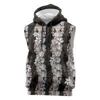 Black and Beige Hawaii Shell Lei Sleeveless Zip Hoodie Hawaiian Sunrise Shell Hebrew Cone Plumeria - Polynesian Pride