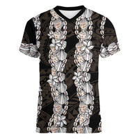 Black and Beige Hawaii Shell Lei Women V-Neck T-Shirt Hawaiian Sunrise Shell Hebrew Cone Plumeria - Polynesian Pride