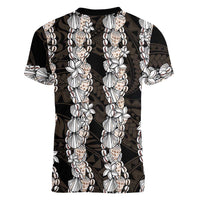 Black and Beige Hawaii Shell Lei Women V-Neck T-Shirt Hawaiian Sunrise Shell Hebrew Cone Plumeria - Polynesian Pride