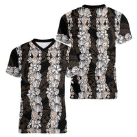 Black and Beige Hawaii Shell Lei Women V-Neck T-Shirt Hawaiian Sunrise Shell Hebrew Cone Plumeria - Polynesian Pride