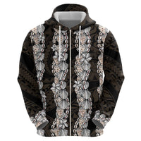 Black and Beige Hawaii Shell Lei Zip Hoodie Hawaiian Sunrise Shell Hebrew Cone Plumeria - Polynesian Pride