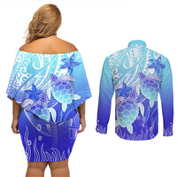 Polynesia Valentine Day Couples Matching Off Shoulder Short Dress and Long Sleeve Button Shirt Polynesian Sea Turtle Turquoise Version LT14 - Polynesian Pride